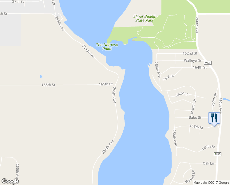 map of restaurants, bars, coffee shops, grocery stores, and more near 16532 255th Avenue in Spirit Lake