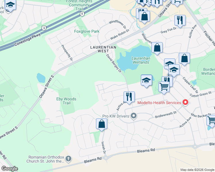 map of restaurants, bars, coffee shops, grocery stores, and more near 175 David Bergey Drive in Kitchener