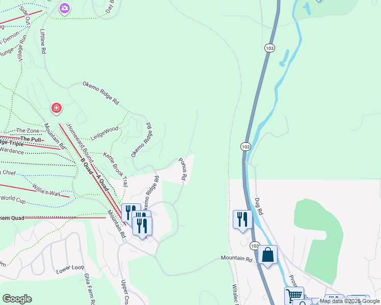 map of restaurants, bars, coffee shops, grocery stores, and more near 33 Mountain View Drive in Windsor County