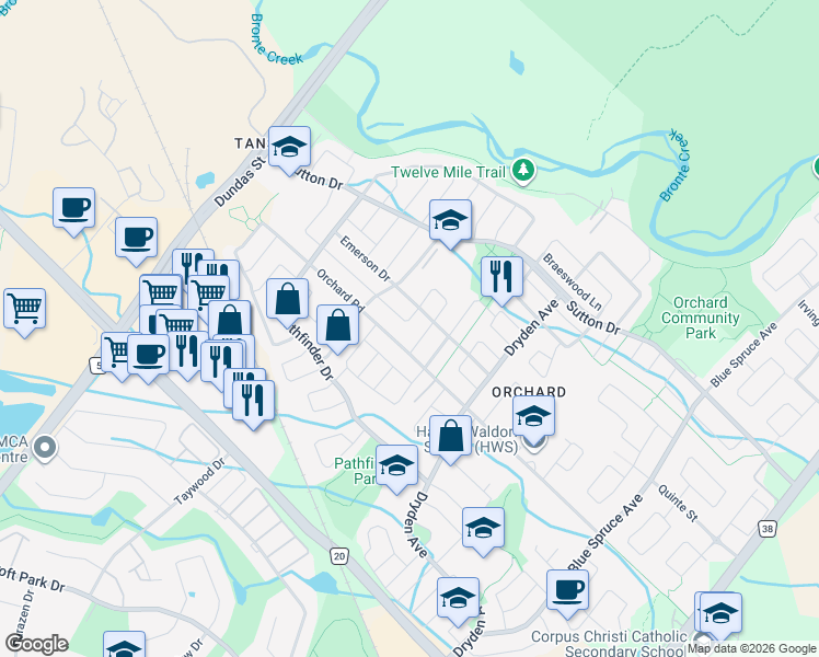 map of restaurants, bars, coffee shops, grocery stores, and more near 2338 Norland Drive in Burlington