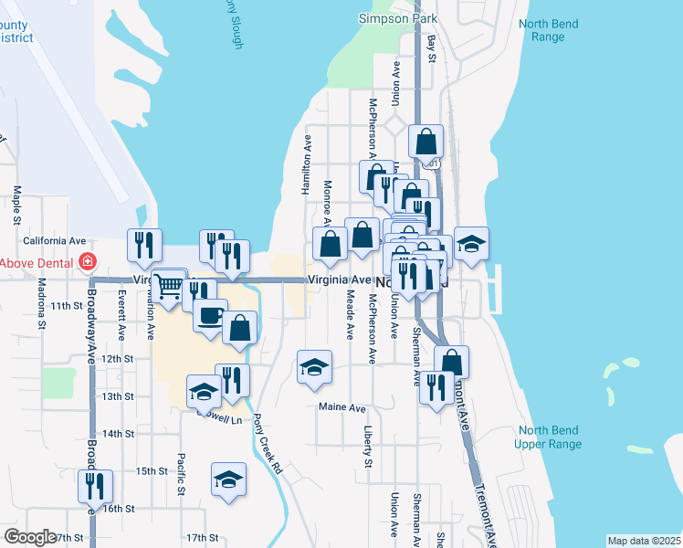 map of restaurants, bars, coffee shops, grocery stores, and more near 1972 Meade Avenue in North Bend