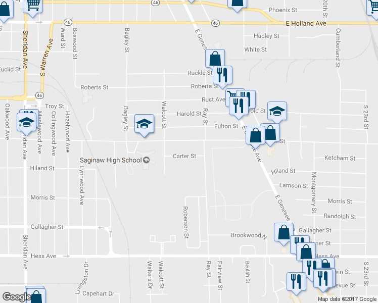 map of restaurants, bars, coffee shops, grocery stores, and more near 3309 Carter Street in Saginaw