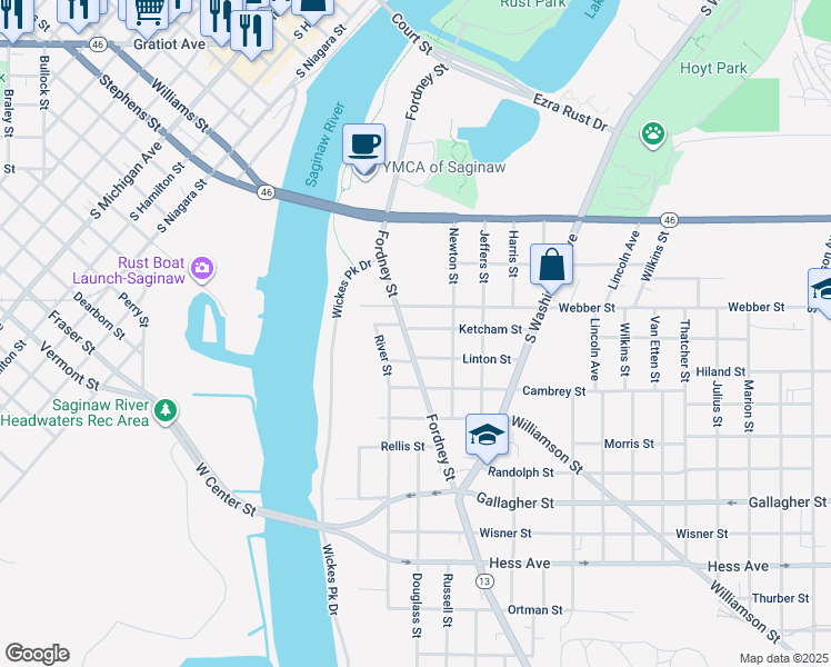map of restaurants, bars, coffee shops, grocery stores, and more near 2128 Fordney Street in Saginaw