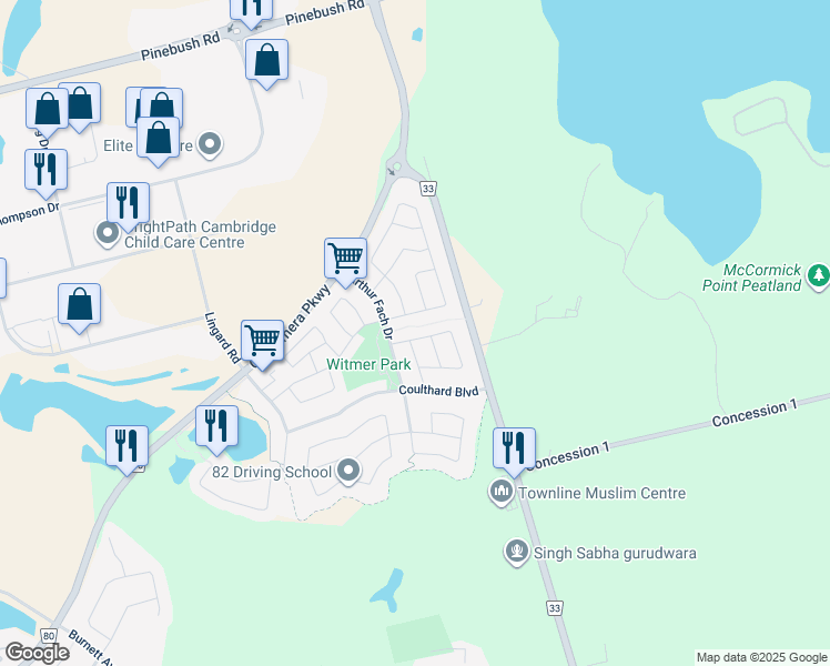 map of restaurants, bars, coffee shops, grocery stores, and more near 23 Baggs Crescent in Cambridge