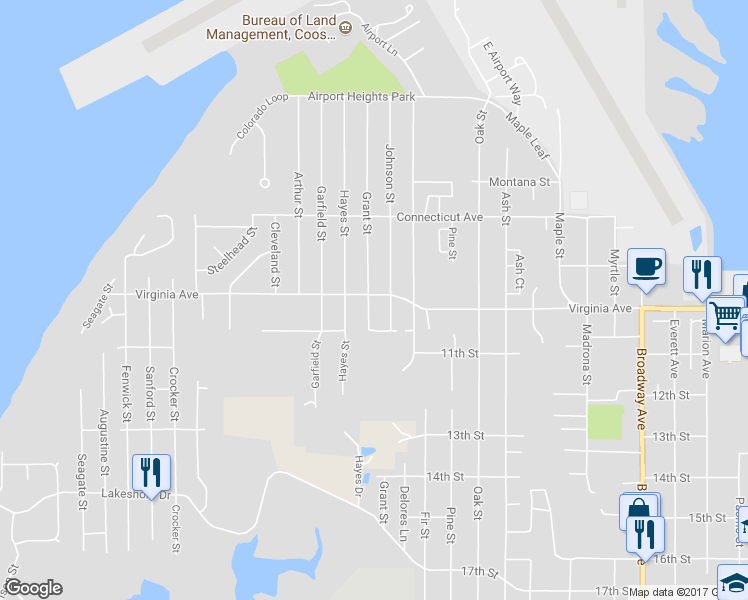 map of restaurants, bars, coffee shops, grocery stores, and more near 2003 Grant Street in North Bend