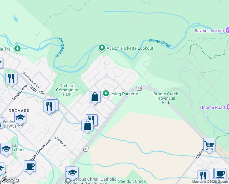 map of restaurants, bars, coffee shops, grocery stores, and more near 5612 Thorn Lane in Burlington