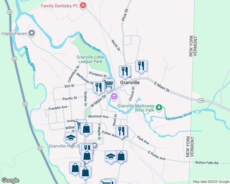 map of restaurants, bars, coffee shops, grocery stores, and more near 79 Main Street in Granville