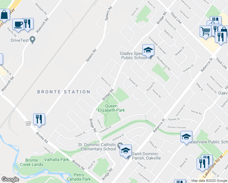 map of restaurants, bars, coffee shops, grocery stores, and more near 2290 Bridge Road in Oakville