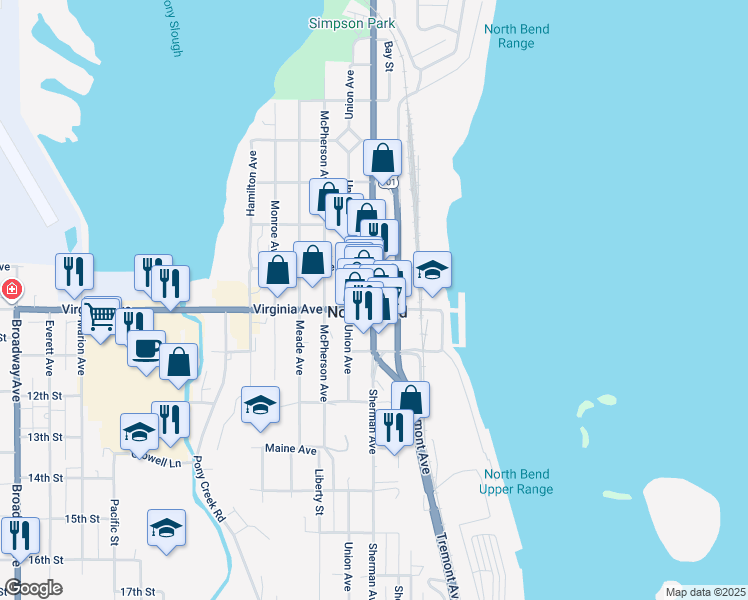 map of restaurants, bars, coffee shops, grocery stores, and more near in North Bend
