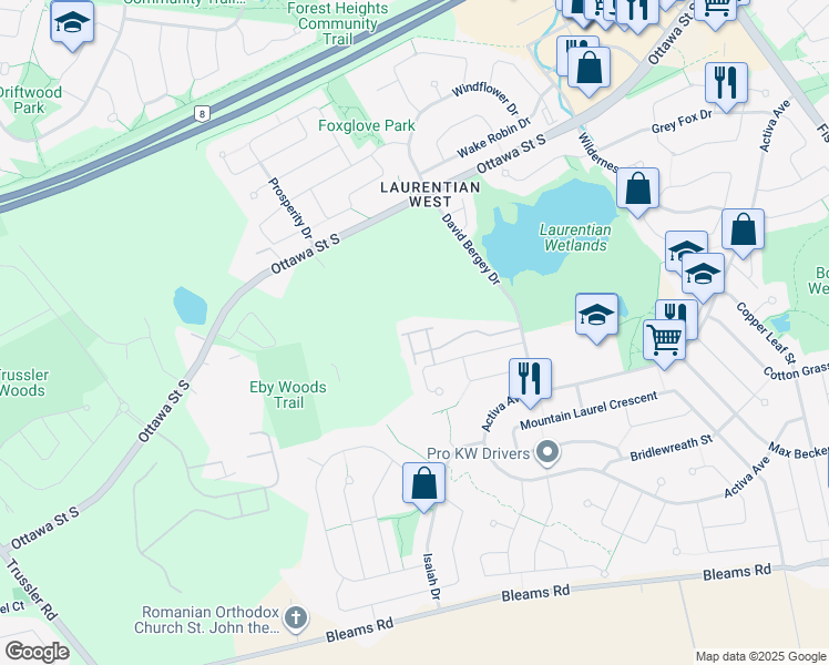 map of restaurants, bars, coffee shops, grocery stores, and more near in Kitchener