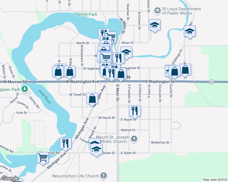 map of restaurants, bars, coffee shops, grocery stores, and more near 116 South Main Street in St. Louis