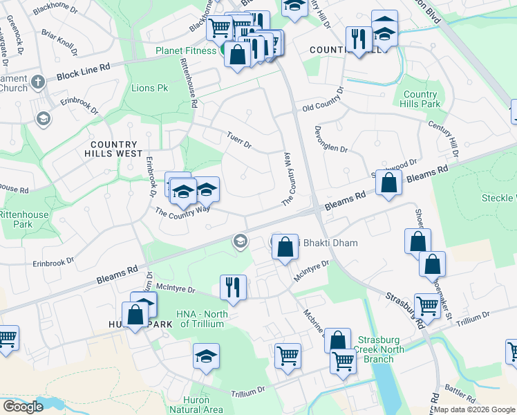 map of restaurants, bars, coffee shops, grocery stores, and more near 251 The Country Way in Kitchener