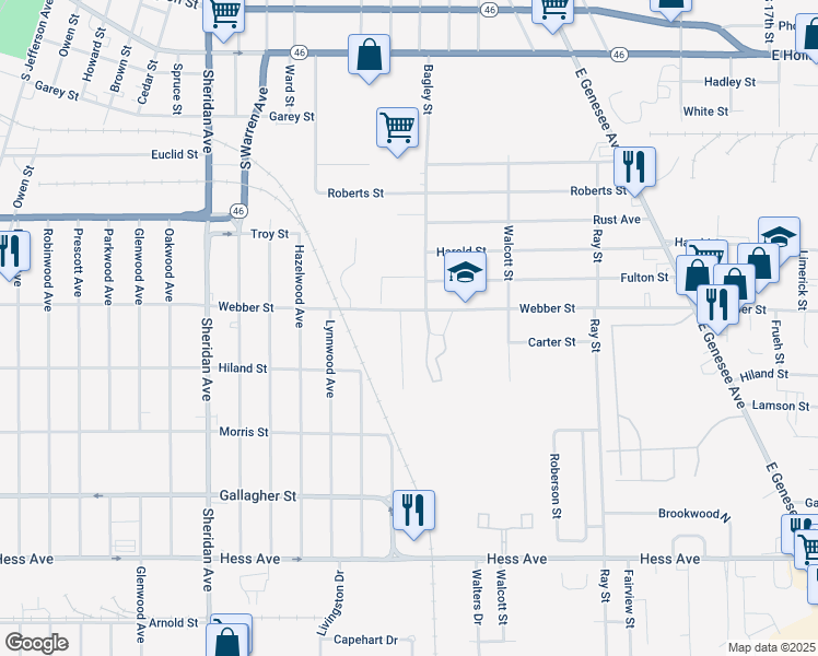 map of restaurants, bars, coffee shops, grocery stores, and more near 2120 Arnette Street in Saginaw