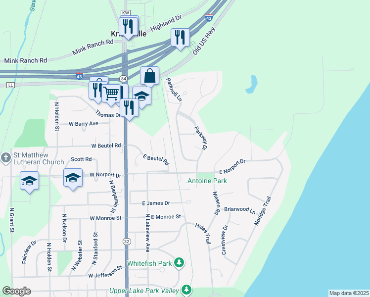 map of restaurants, bars, coffee shops, grocery stores, and more near 325 Parkway Court in Port Washington