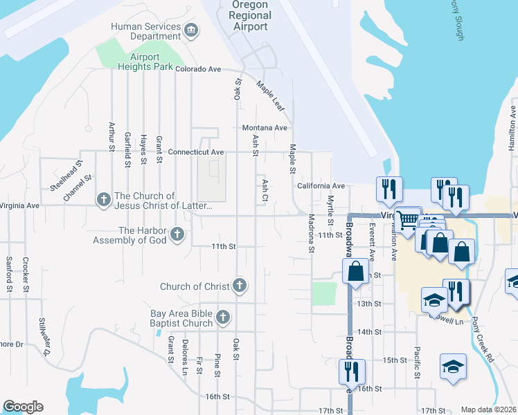 map of restaurants, bars, coffee shops, grocery stores, and more near 1997 Ash Street in North Bend