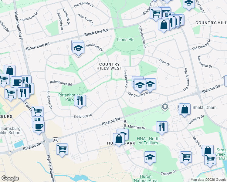 map of restaurants, bars, coffee shops, grocery stores, and more near 23 Ashley Court in Kitchener