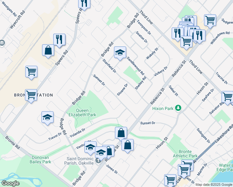 map of restaurants, bars, coffee shops, grocery stores, and more near 2225 Sloane Drive in Oakville