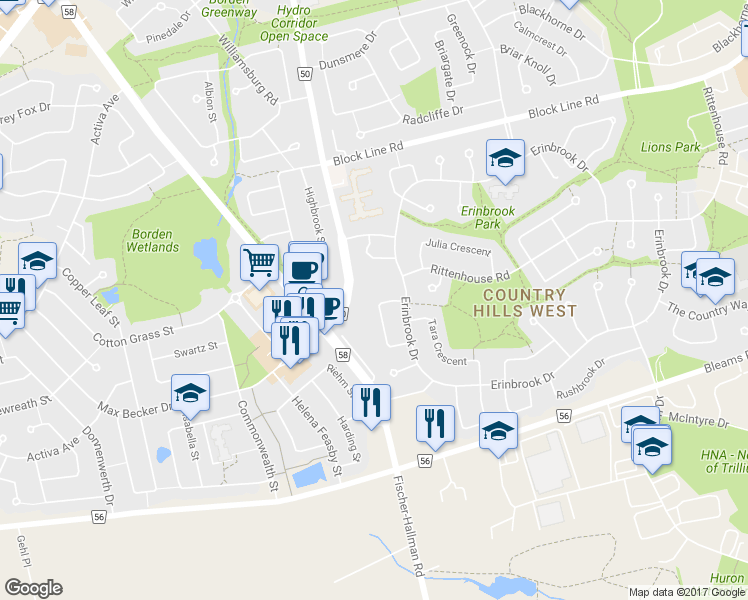 map of restaurants, bars, coffee shops, grocery stores, and more near 24 Ridgeway Crescent in Kitchener