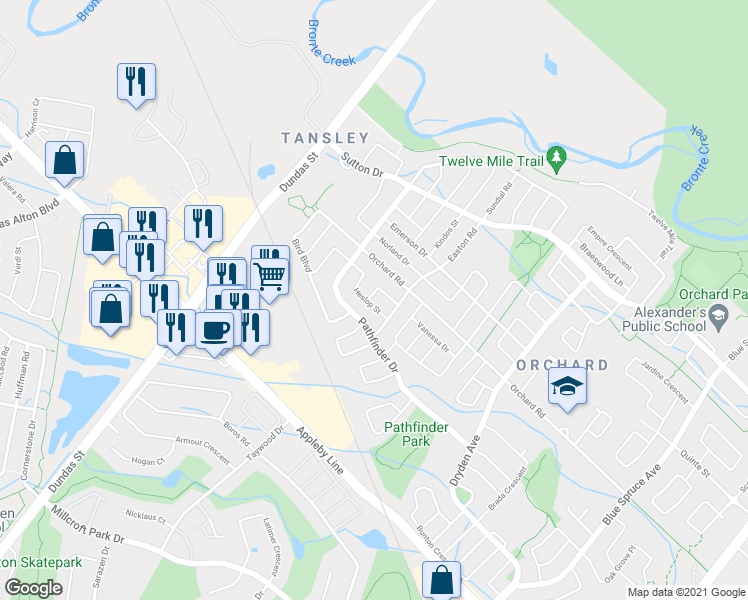 map of restaurants, bars, coffee shops, grocery stores, and more near 2351 Heslop Street in Burlington