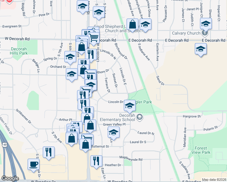 map of restaurants, bars, coffee shops, grocery stores, and more near 262 Terrace Drive in West Bend