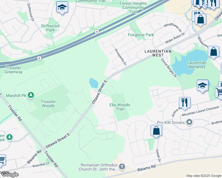 map of restaurants, bars, coffee shops, grocery stores, and more near 1941 Ottawa Street South in Kitchener
