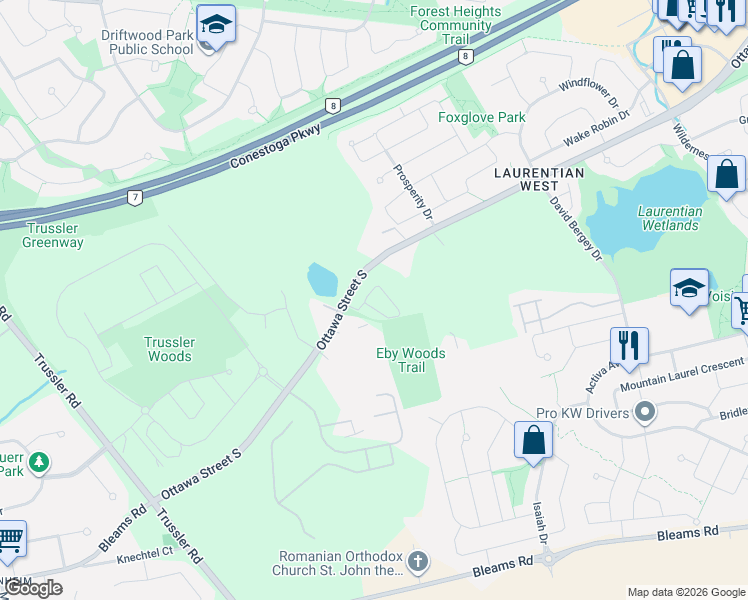 map of restaurants, bars, coffee shops, grocery stores, and more near 1941 Ottawa Street South in Kitchener