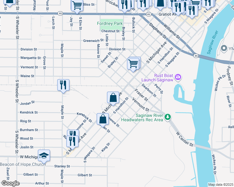 map of restaurants, bars, coffee shops, grocery stores, and more near 1721 South Michigan Avenue in Saginaw