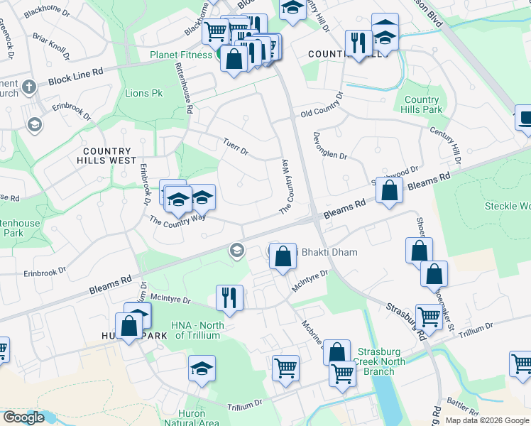 map of restaurants, bars, coffee shops, grocery stores, and more near 251 The Country Way in Kitchener