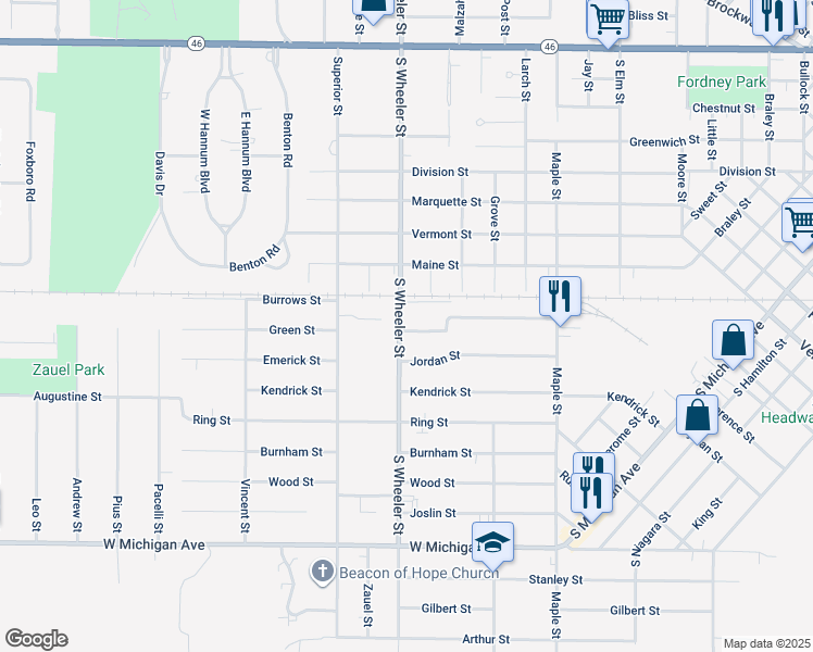 map of restaurants, bars, coffee shops, grocery stores, and more near 922 South Wheeler Street in Saginaw