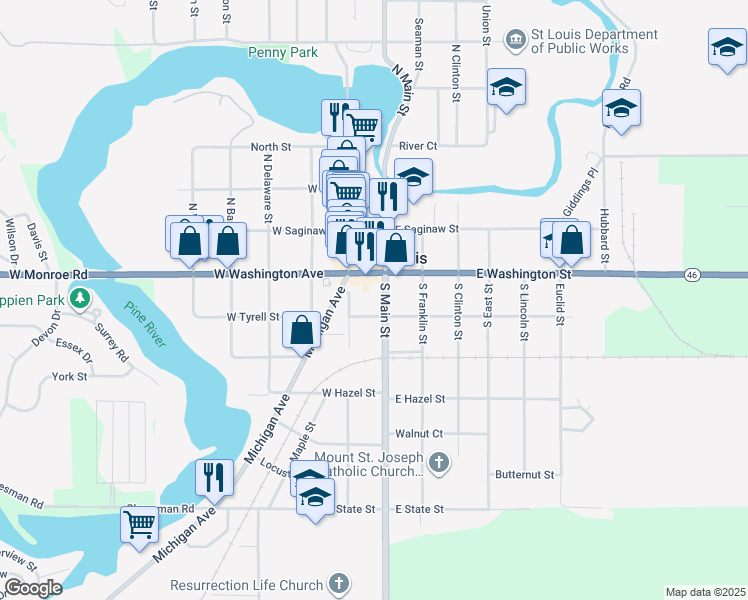 map of restaurants, bars, coffee shops, grocery stores, and more near 116 South Main Street in St. Louis