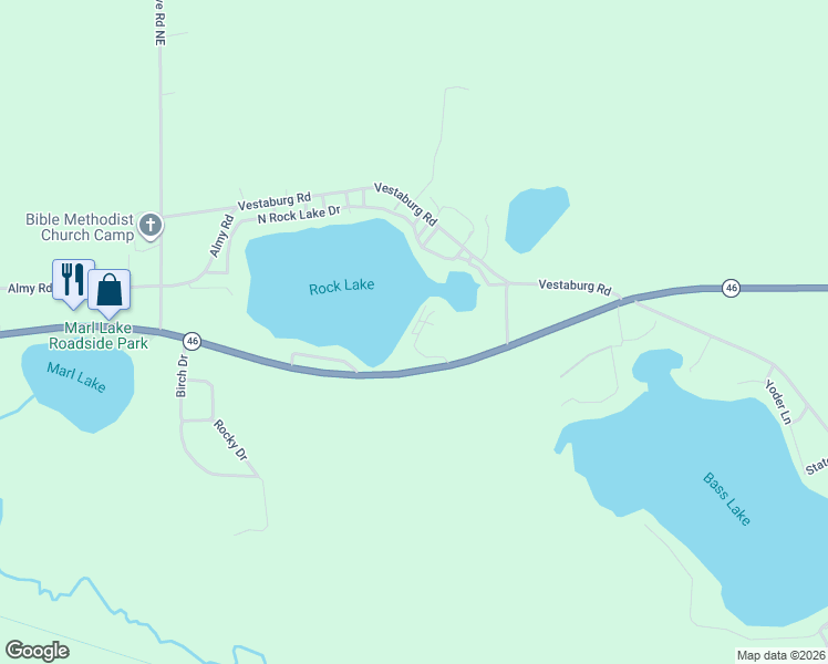 map of restaurants, bars, coffee shops, grocery stores, and more near 181 Rock Alley in Vestaburg