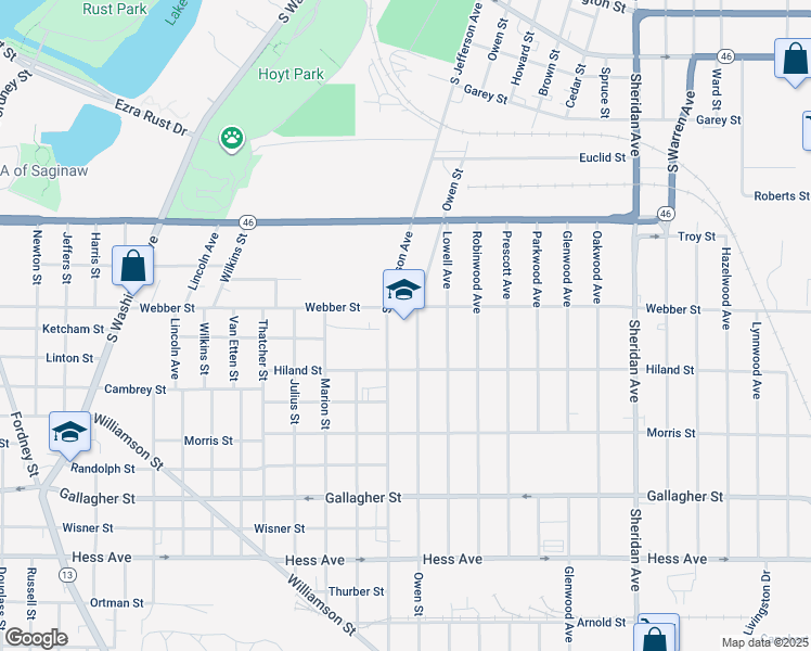 map of restaurants, bars, coffee shops, grocery stores, and more near 2201 Owen Street in Saginaw