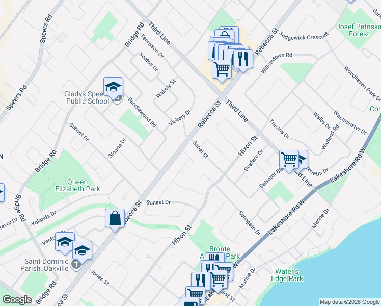 map of restaurants, bars, coffee shops, grocery stores, and more near 285 Surrey Drive in Oakville