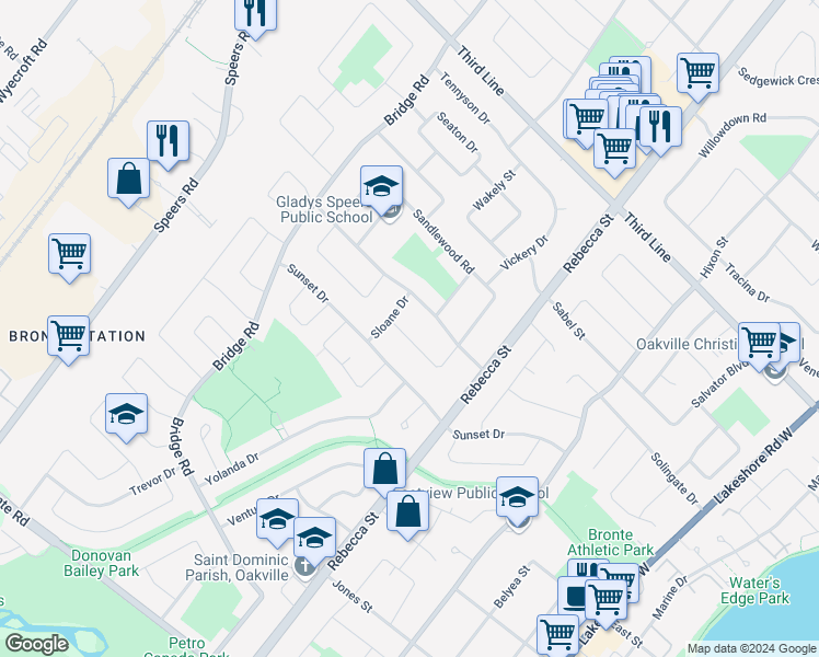 map of restaurants, bars, coffee shops, grocery stores, and more near 367 Sawyer Road in Oakville