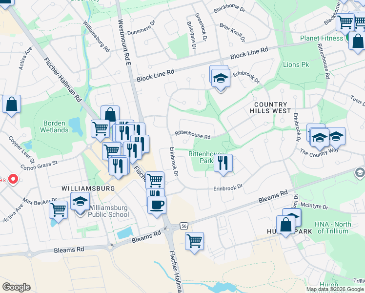 map of restaurants, bars, coffee shops, grocery stores, and more near 32 White Sands Court in Kitchener
