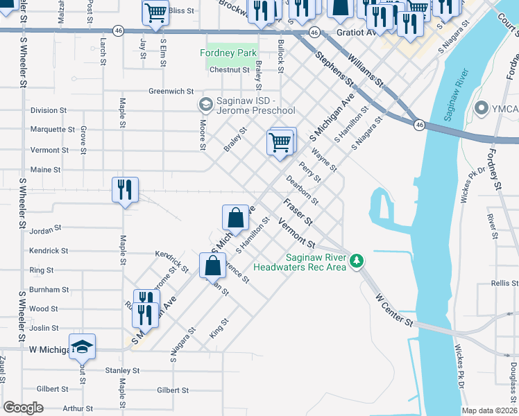 map of restaurants, bars, coffee shops, grocery stores, and more near 1721 South Michigan Avenue in Saginaw