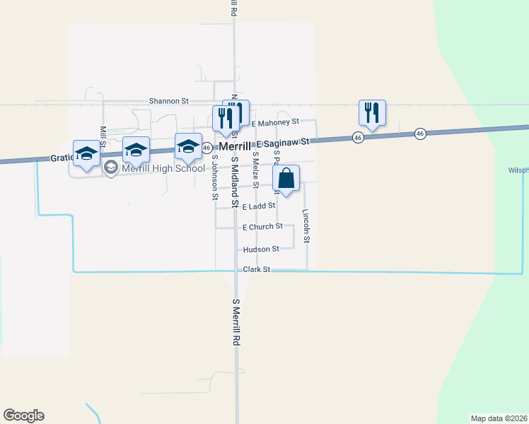 map of restaurants, bars, coffee shops, grocery stores, and more near 221 East Ladd Street in Merrill