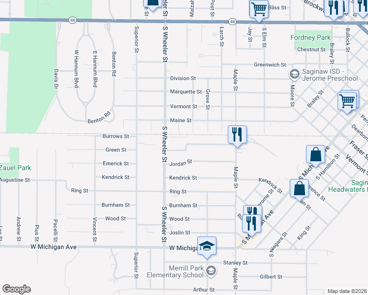 map of restaurants, bars, coffee shops, grocery stores, and more near 1902 Green Street in Saginaw