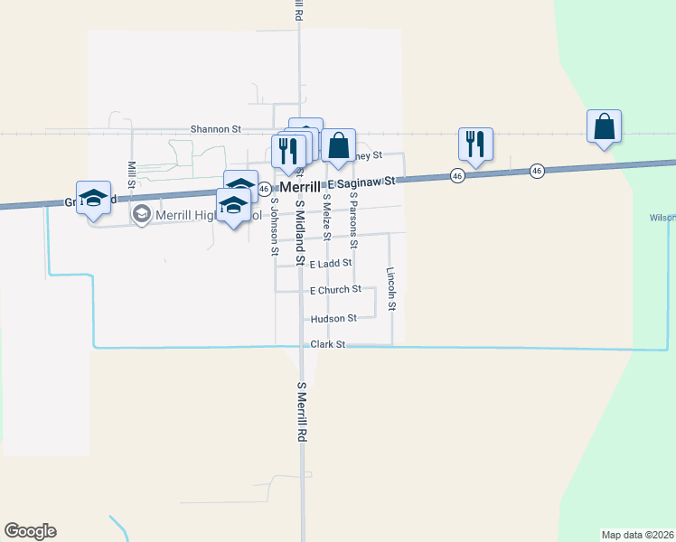 map of restaurants, bars, coffee shops, grocery stores, and more near 221 E Ladd St in Merrill