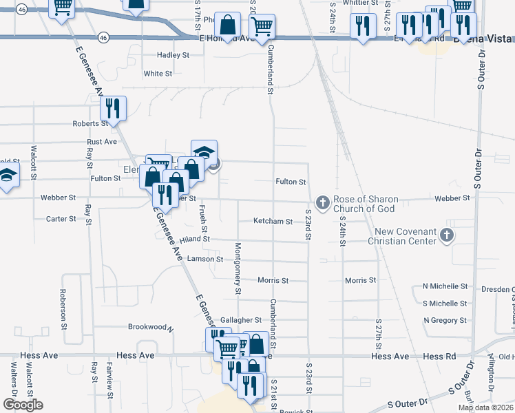 map of restaurants, bars, coffee shops, grocery stores, and more near 4034 Webber Street in Saginaw