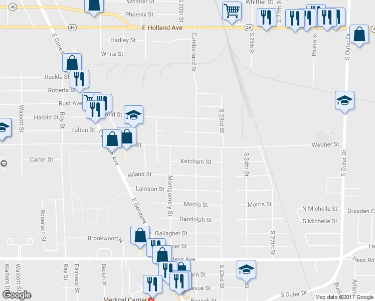 map of restaurants, bars, coffee shops, grocery stores, and more near 4034 Webber Street in Saginaw
