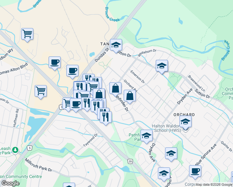 map of restaurants, bars, coffee shops, grocery stores, and more near 2371 Pathfinder Drive in Burlington