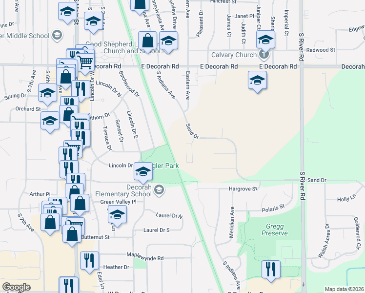 map of restaurants, bars, coffee shops, grocery stores, and more near 285 Sand Drive in West Bend