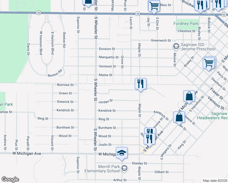 map of restaurants, bars, coffee shops, grocery stores, and more near 1902 Green Street in Saginaw