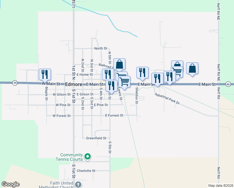 map of restaurants, bars, coffee shops, grocery stores, and more near 526 East Gilson Street in Edmore