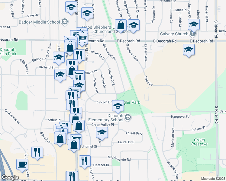 map of restaurants, bars, coffee shops, grocery stores, and more near 1064 Lincoln Drive East in West Bend