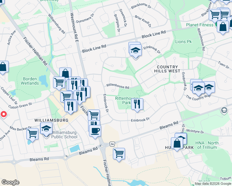 map of restaurants, bars, coffee shops, grocery stores, and more near 32 White Sands Court in Kitchener