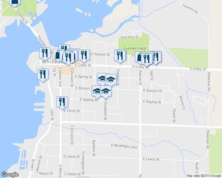 map of restaurants, bars, coffee shops, grocery stores, and more near 541 East Slocum Street in Whitehall