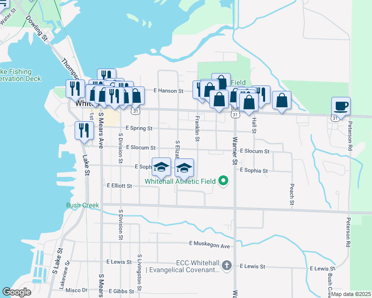 map of restaurants, bars, coffee shops, grocery stores, and more near 541 East Slocum Street in Whitehall