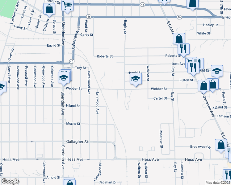 map of restaurants, bars, coffee shops, grocery stores, and more near 2120 Arnette Street in Saginaw